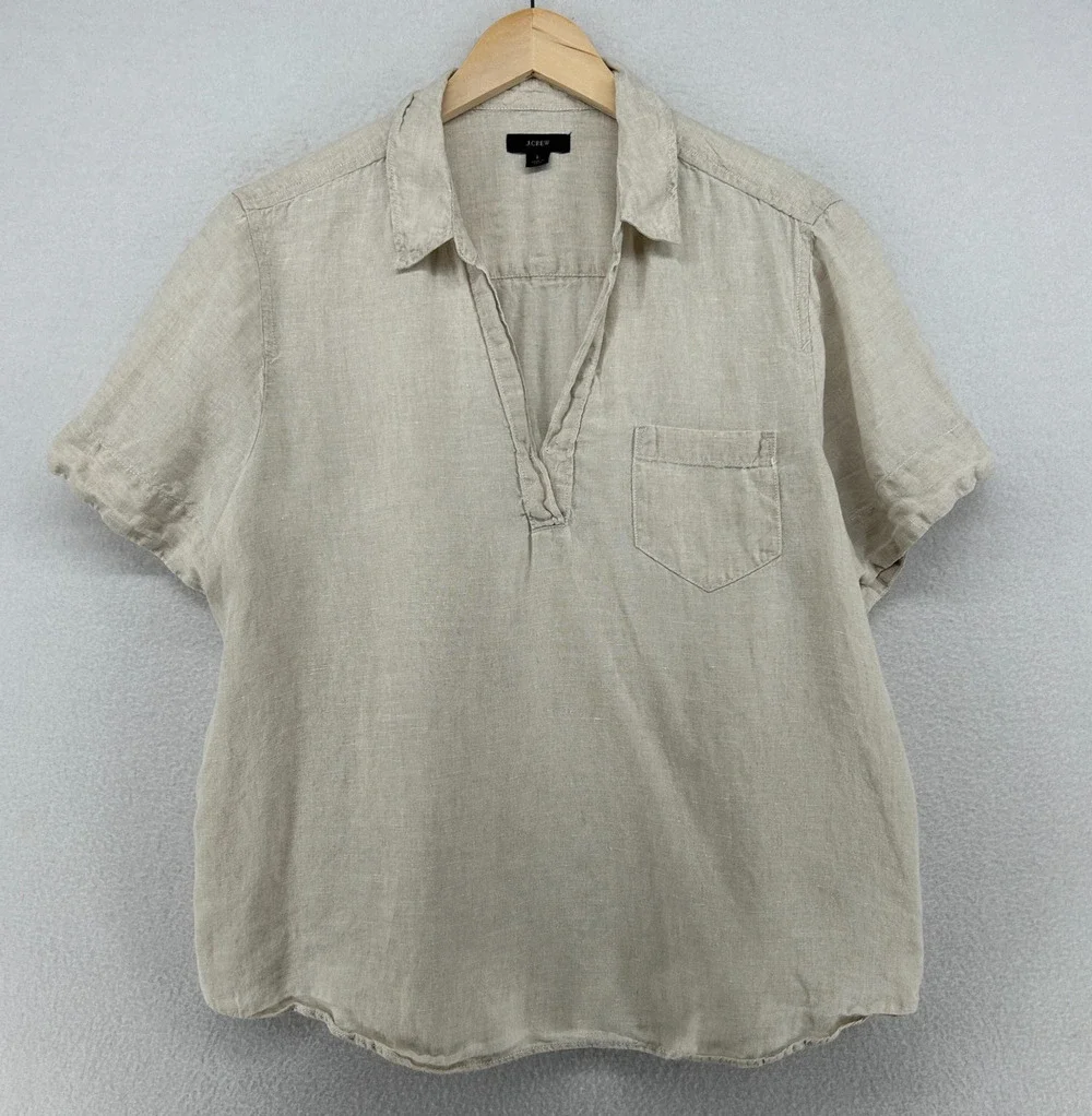 J.CREW Top Womens L Linen Popover Shirt Blouse Short Sleeve Woven Natural Beige